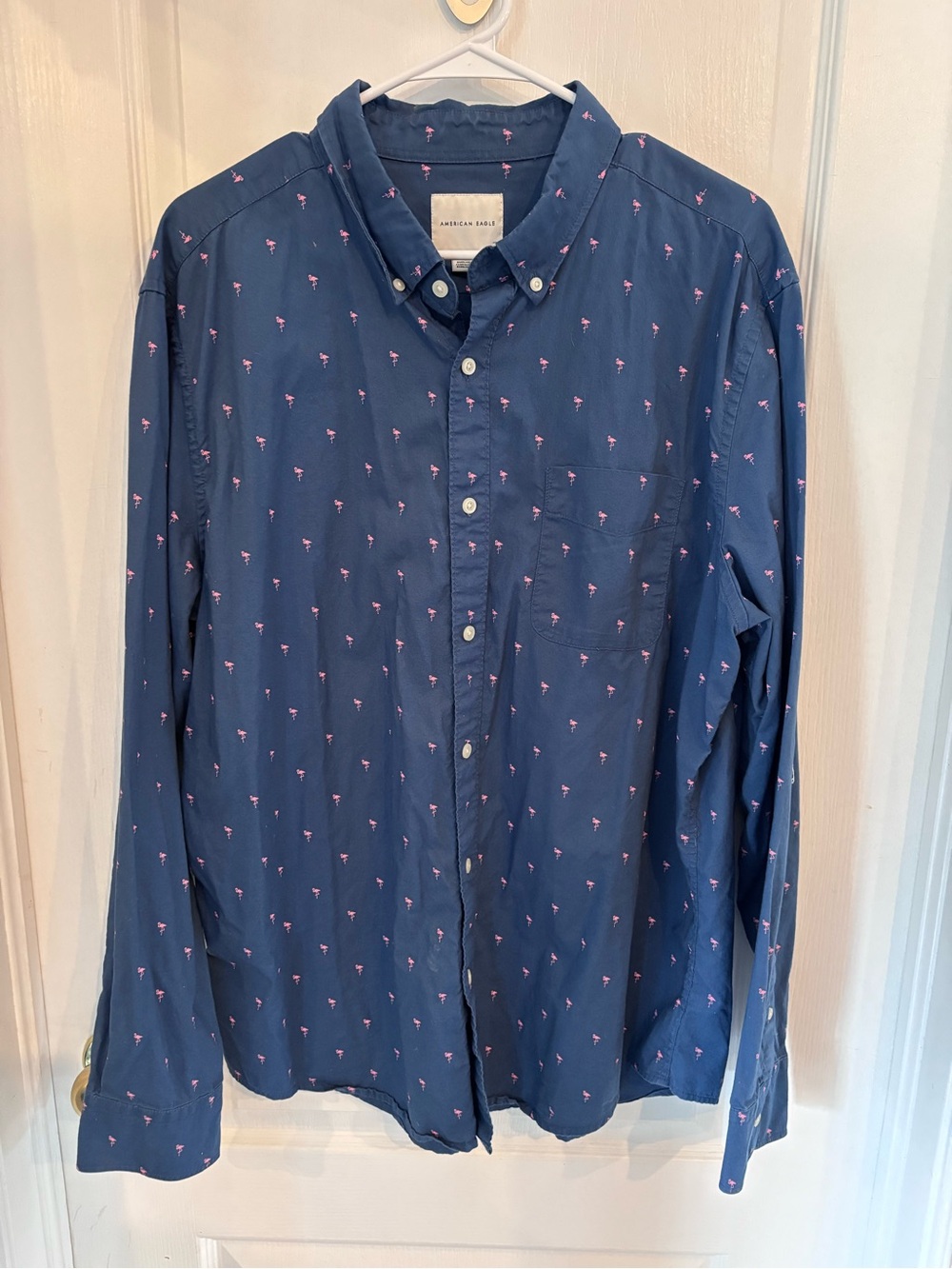 American Eagle Outfitters Navy Button-Up Shirt with Pink Flamingo Motif